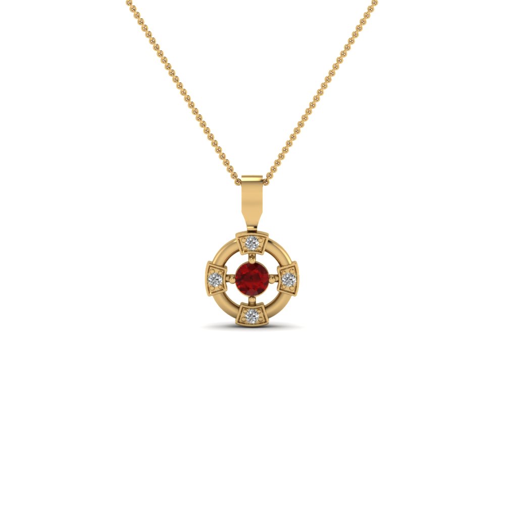 wheel design diamond pendant necklace with ruby in 14K yellow gold FDPD2729GRUDR NL YG
