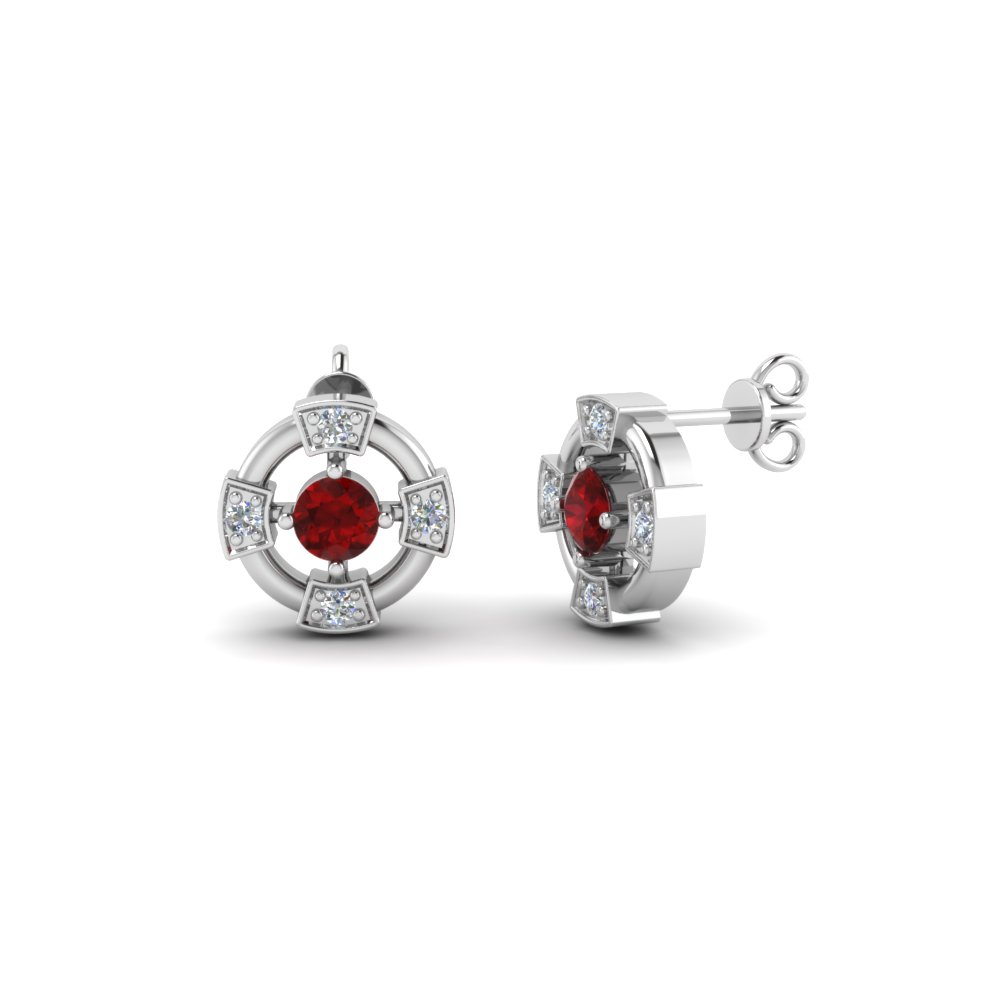 Wheel Stud Diamond Earring With Ruby In Sterling Silver