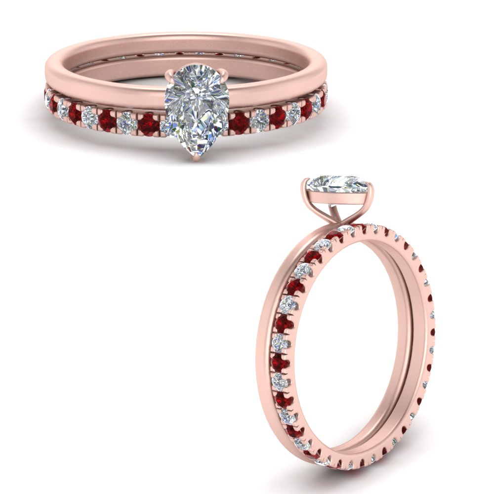 Thin Pear Solitaire Moissanite Engagement Ring With Ruby Full Eternity Band  In 18K Rose Gold