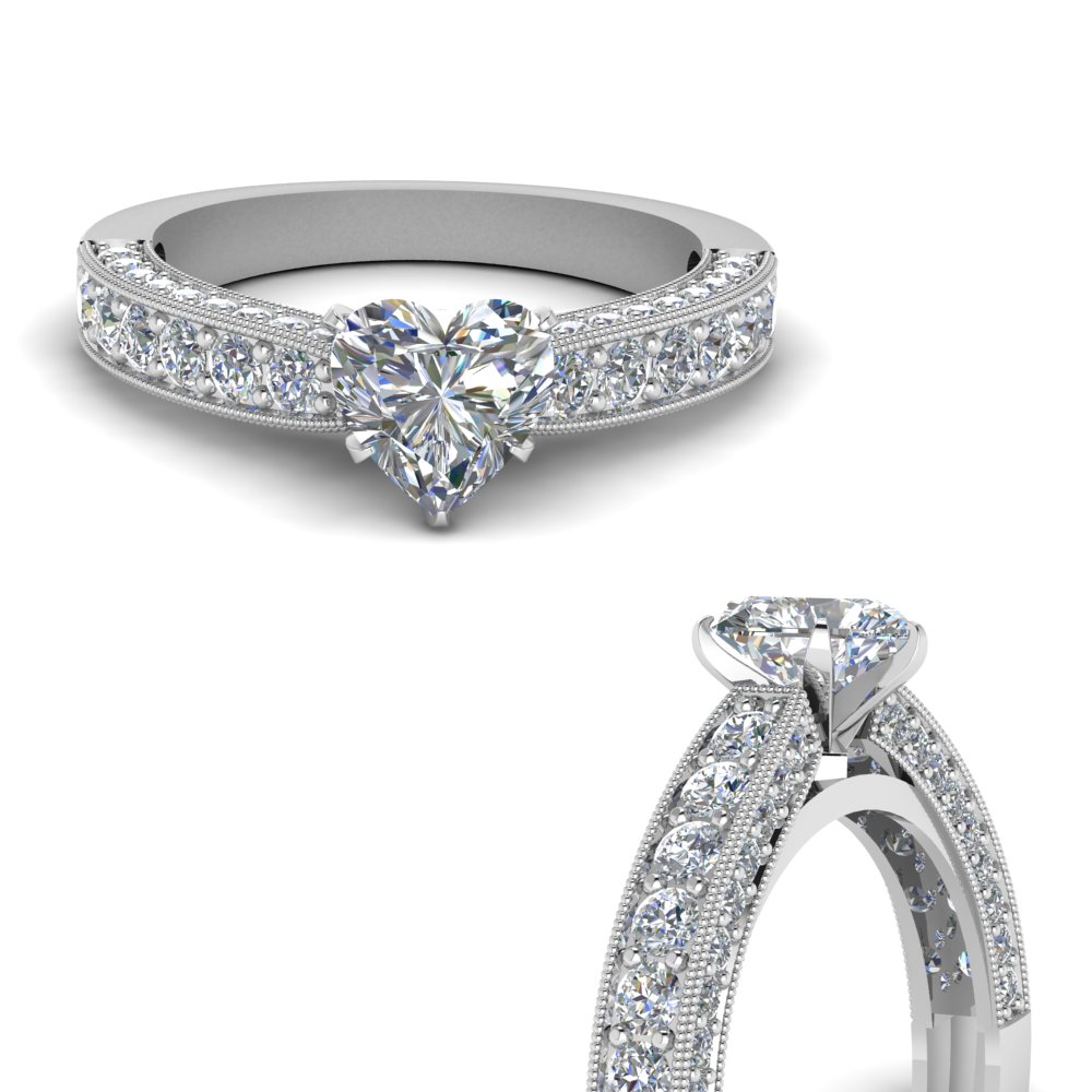 Milgrain Heart Diamond Engagement Ring In 14K White Gold | Fascinating ...