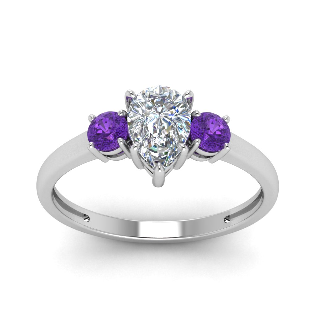 Basket Prong Pear Diamond 3 Stone Engagement Ring With Purple Topaz In ...