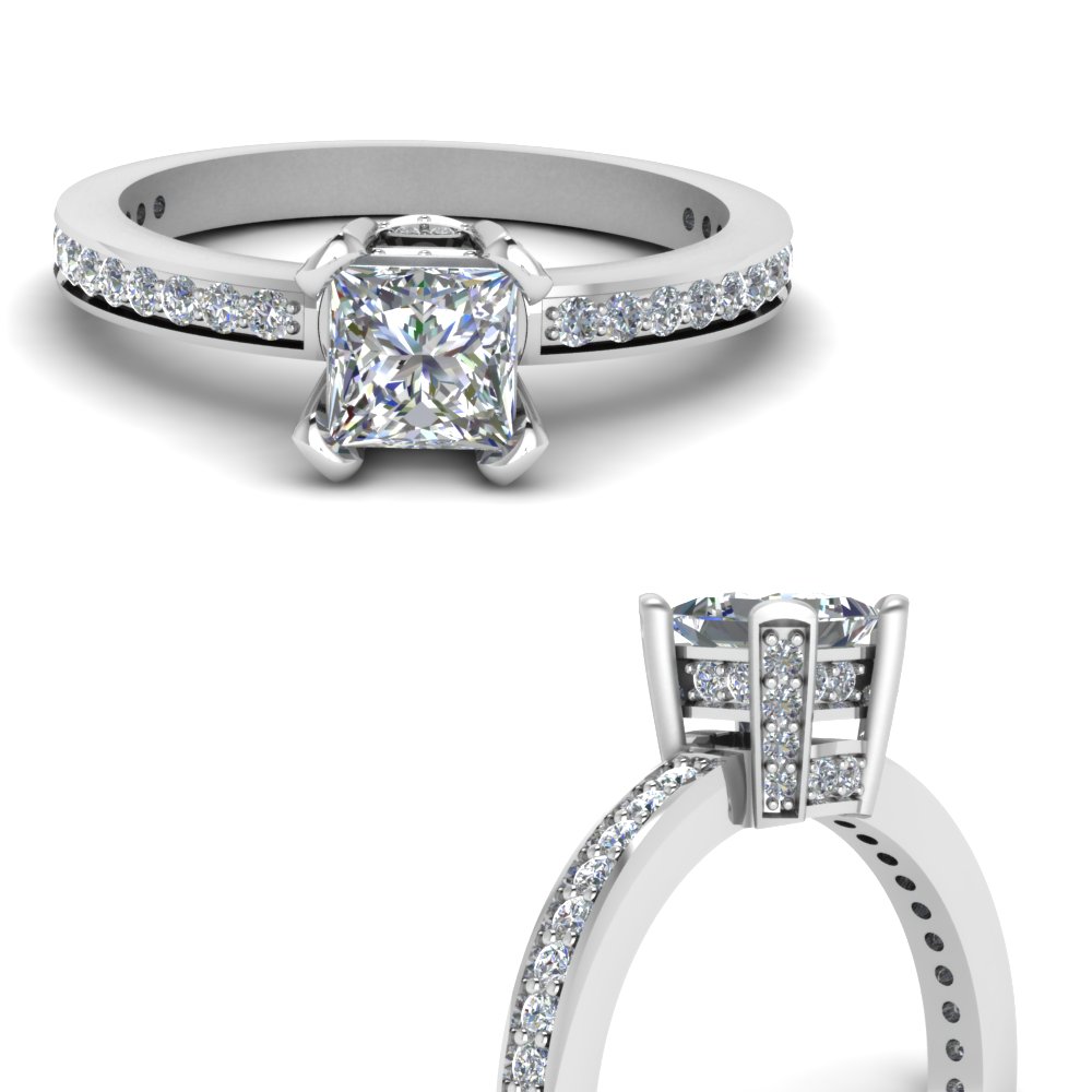 High Set Pave Wrap Princess Cut Diamond Engagement Ring In 14K White ...