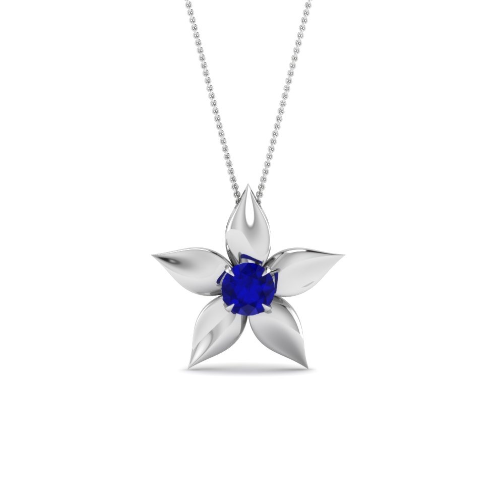 Flower Blue Sapphire Pendant, White Gold Chain