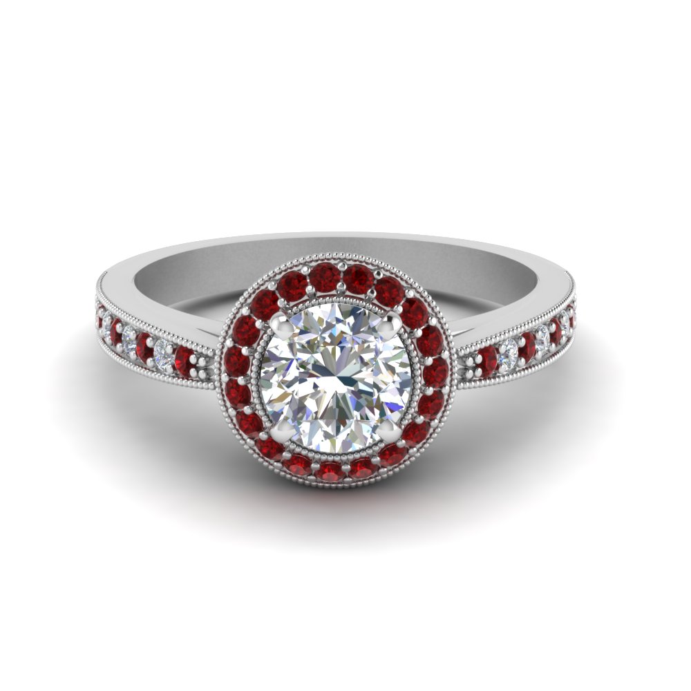 0.70 Carat Round Cut Diamond Halo Engagement Rings With Red Ruby In 14K