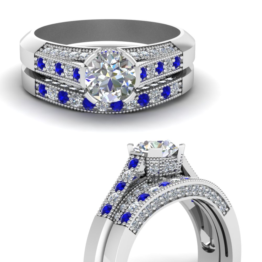 Vintage Pave Sapphire Wedding Set With Hidden Diamond In 14K White Gold ...