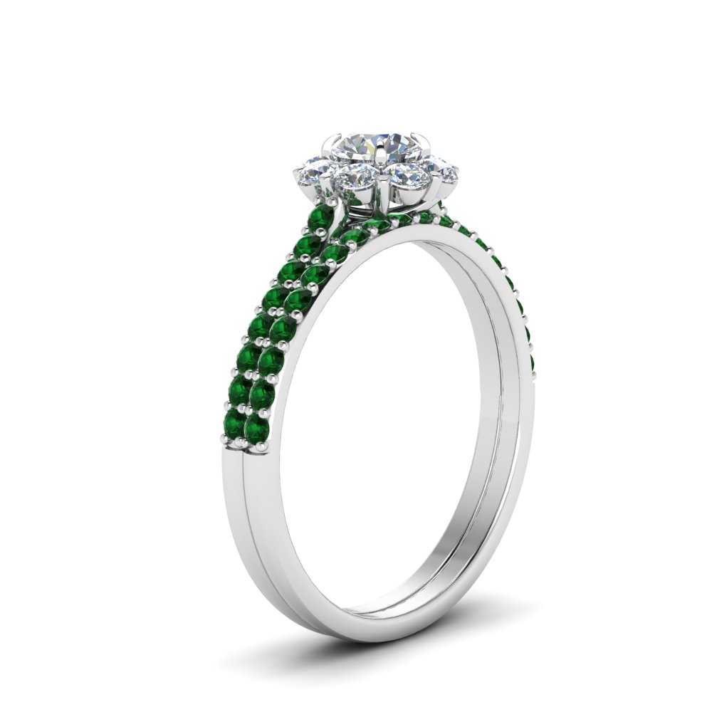 Flower Halo diamond Wedding Ring Set With Emerald In 18K White Gold ...