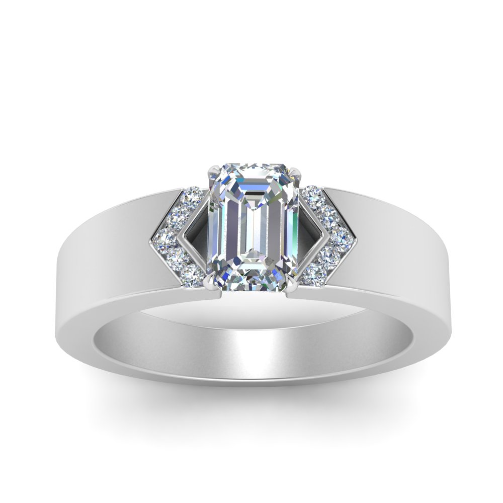 Wide Band Emerald Cut Channel Diamond Ring In 14K White Gold ...