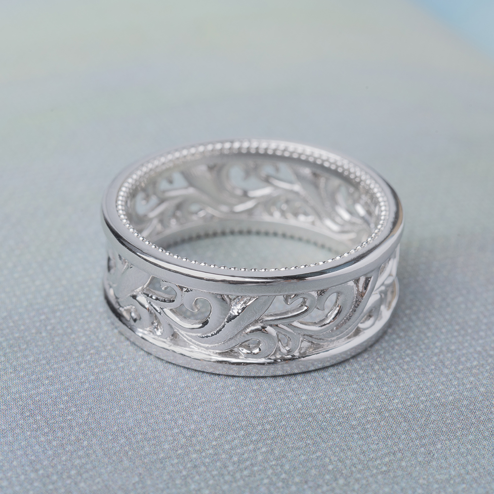 Mens Filigree Wide  Wedding  Band  In 14K White  Gold  