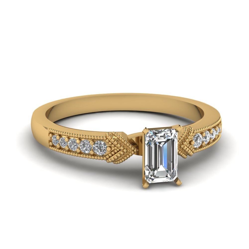 Gold Emerald Cut Milgrain Engagement Rings