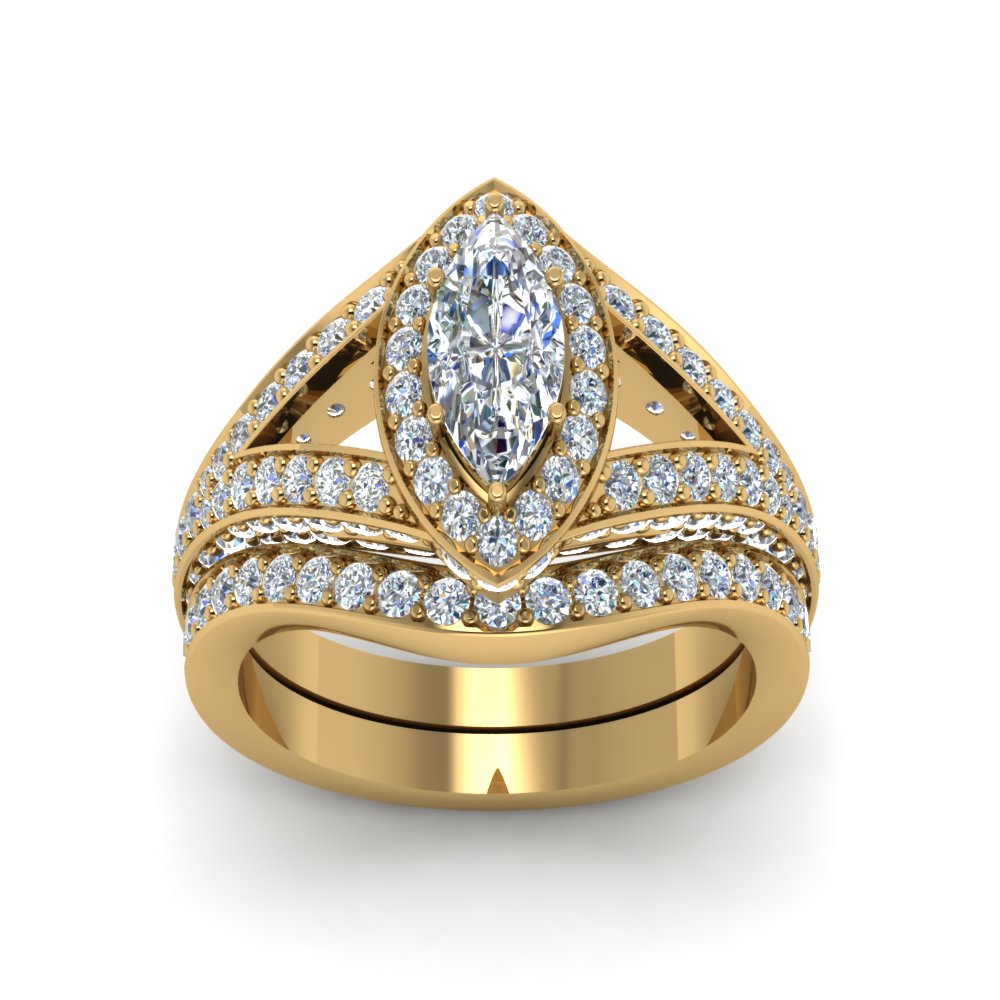 Halo Marquise Split Shank Diamond Wedding Ring Set In 14K