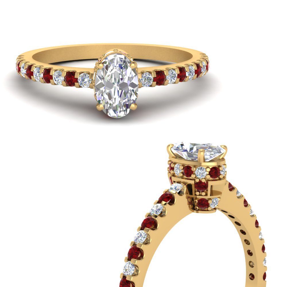 Dainty Oval Shaped Diamond Engagement Ring With Ruby In 14K Yellow Gold