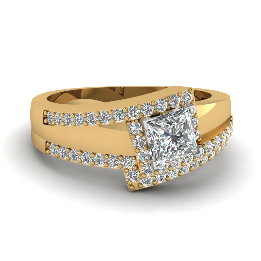 Crossover Princess Cut Halo Diamond Wedding Set In 14K Yellow Gold ... Crossover Princess Cut Halo Diamond Wedding Set In 14K Yellow Gold ...