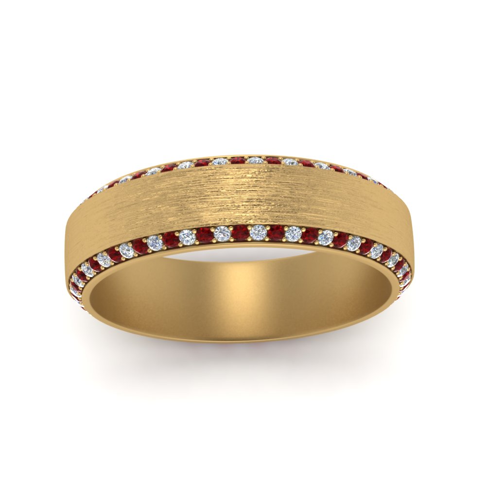 Brushed Pave Diamond Mens Wedding Band With Ruby In 14K